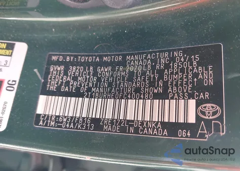 2015 Toyota Corolla L/Le/Le Pls/Prm/S/S Pls from USA, damaged, VIN 2T1BURHE0FC400480